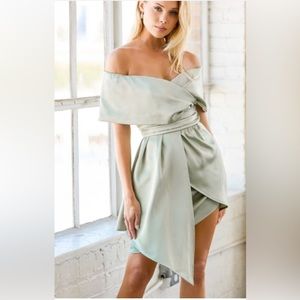 Lulu’s off-shoulder sage green dress, size L, satin